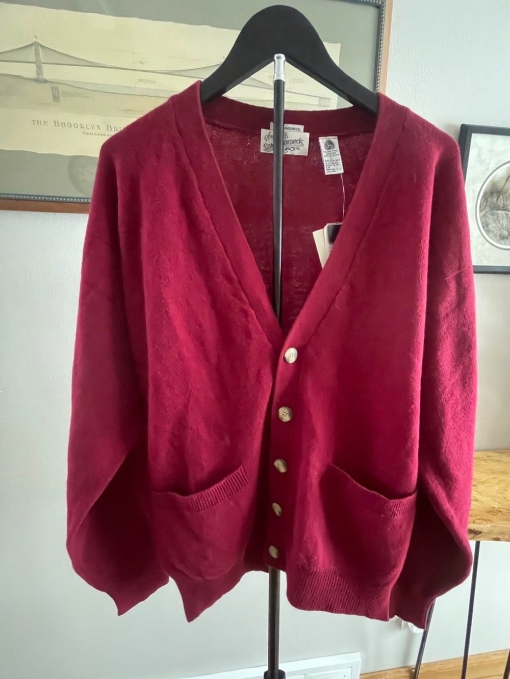 NWT Vintage 1980’s Sears Roebuck burgundy 100% lambswool cardigan.